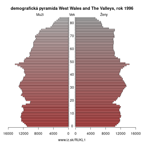 demograficky strom UKL1 West Wales and The Valleys 1996 demografická pyramída