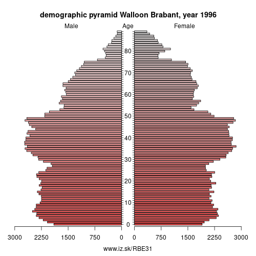 demographic pyramid BE31 1996 Walloon Brabant, population pyramid of Walloon Brabant