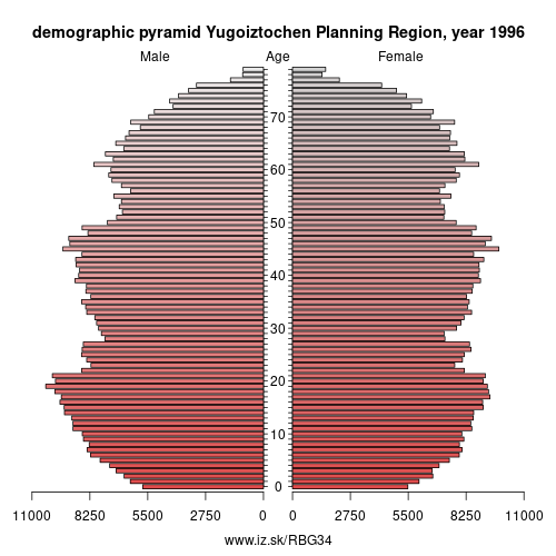demographic pyramid BG34 1996 Yugoiztochen Planning Region, population pyramid of Yugoiztochen Planning Region