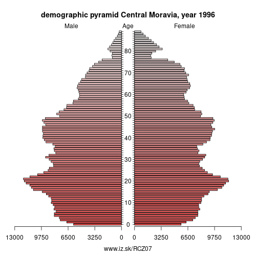 demographic pyramid CZ07 1996 Central Moravia, population pyramid of Central Moravia