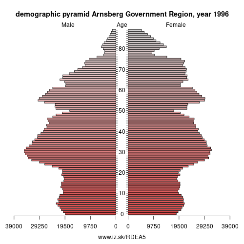 demographic pyramid DEA5 1996 Arnsberg Government Region, population pyramid of Arnsberg Government Region