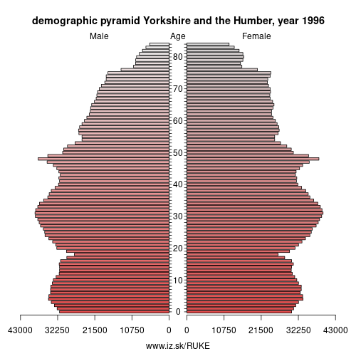 demographic pyramid UKE 1996 Yorkshire and the Humber, population pyramid of Yorkshire and the Humber