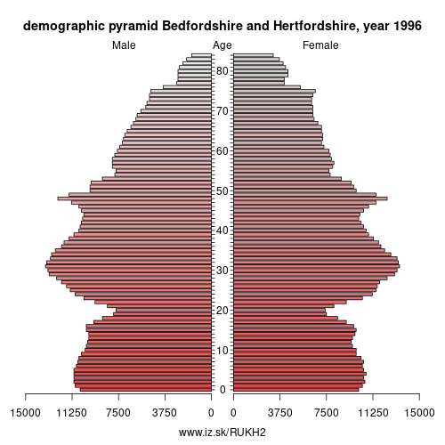 demographic pyramid UKH2 1996 Bedfordshire and Hertfordshire, population pyramid of Bedfordshire and Hertfordshire