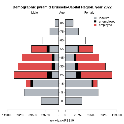 demographic pyramid BE10 Brussels-Capital Region based on economic activity – employed, unemploye, inactive