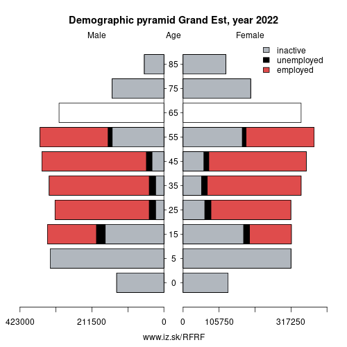 demographic pyramid FRF Grand Est based on economic activity – employed, unemploye, inactive