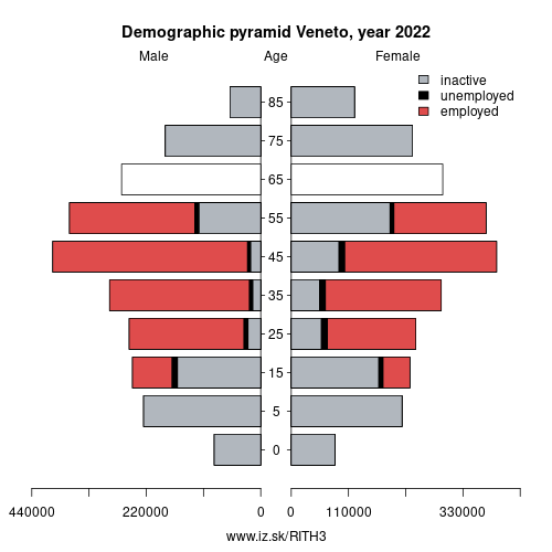 demographic pyramid ITH3 Veneto based on economic activity – employed, unemploye, inactive