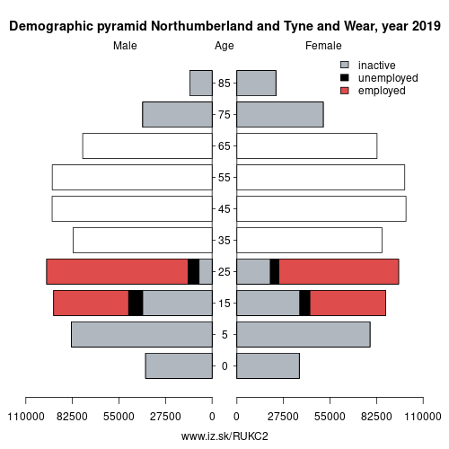 demographic pyramid UKC2 Northumberland and Tyne and Wear based on economic activity – employed, unemploye, inactive