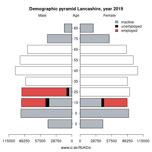 demographic pyramid UKD4 Lancashire based on economic activity – employed, unemploye, inactive
