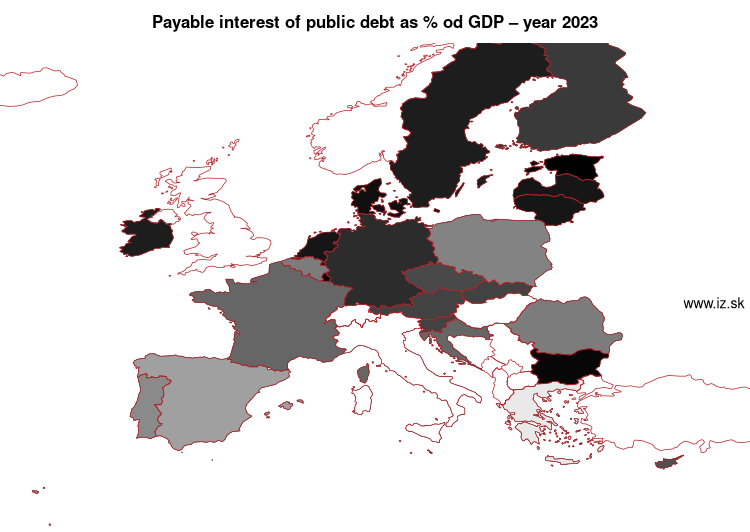 map Payable interest of public debt as % od GDP in nuts 0