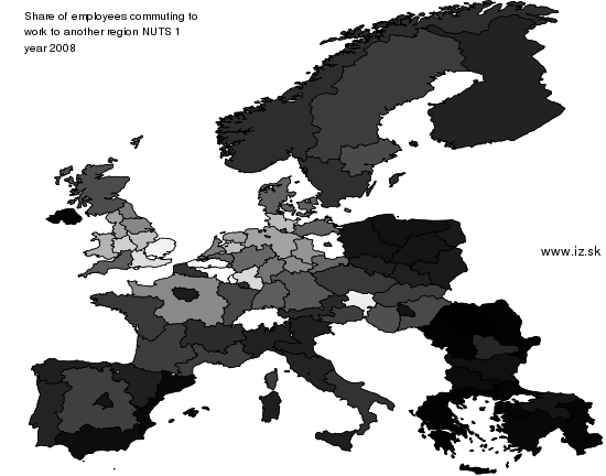 mapa vyvoja Share of employees commuting to work to another region
 NUTS 1 v nuts 1
