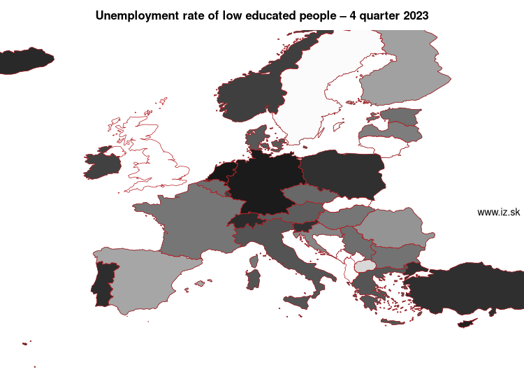 map unemployment rate of low educated people in nuts 0