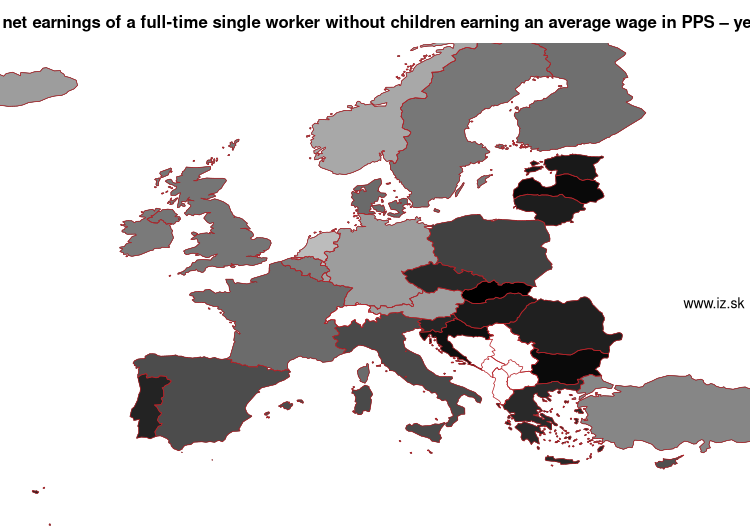 map annual net earnings of a full-time single worker without children earning an average wage in PPS in nuts 0