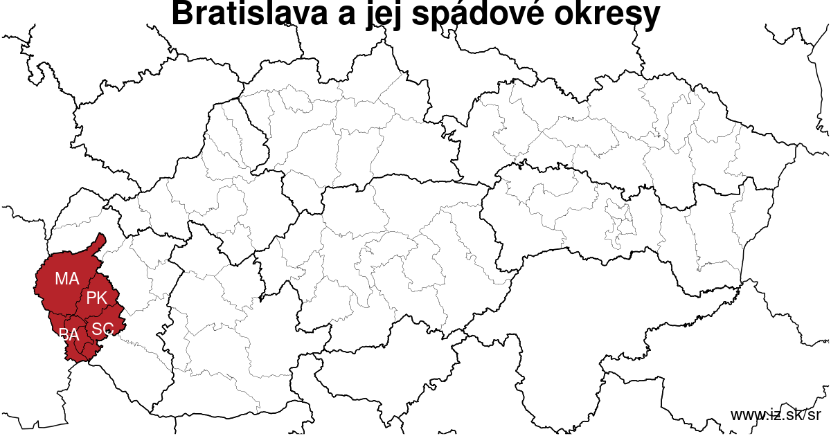 mapa regiónu Bratislava a jej spádové okresy