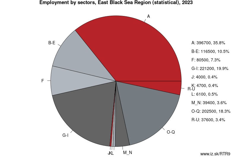 Employment by sectors, East Black Sea Region (statistical), 2020