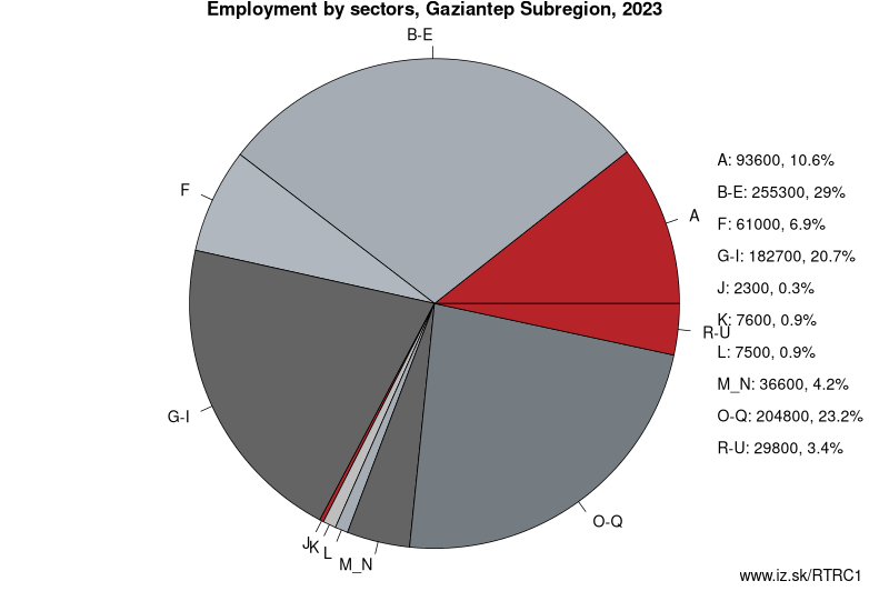 Employment by sectors, Gaziantep Subregion, 2020