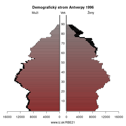 demograficky strom BE21 Antverpy 1996 demografická pyramída