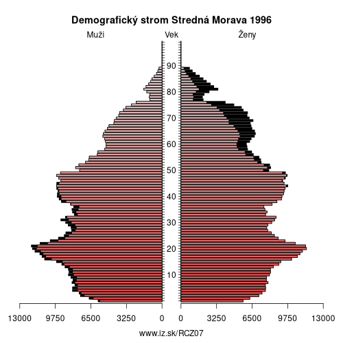 demograficky strom CZ07 Stredná Morava 1996 demografická pyramída