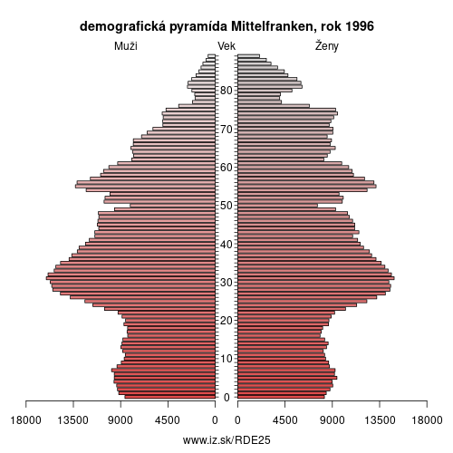demograficky strom DE25 Mittelfranken 1996 demografická pyramída