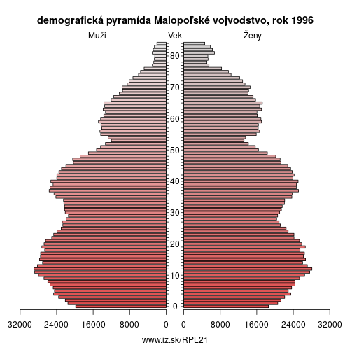 demograficky strom PL21 Malopoľské vojvodstvo 1996 demografická pyramída