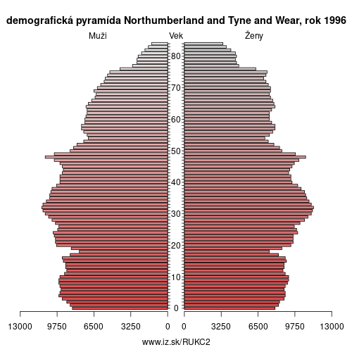 demograficky strom UKC2 Northumberland and Tyne and Wear 1996 demografická pyramída