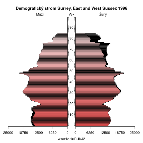 demograficky strom UKJ2 Surrey, East and West Sussex 1996 demografická pyramída