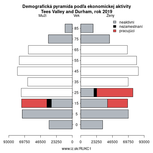 demograficky strom UKC1 Tees Valley and Durham podľa ekonomickej aktivity – zamestnaní, nezamestnaní, neaktívni