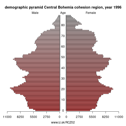 demographic pyramid CZ02 1996 Central Bohemia cohesion region, population pyramid of Central Bohemia cohesion region