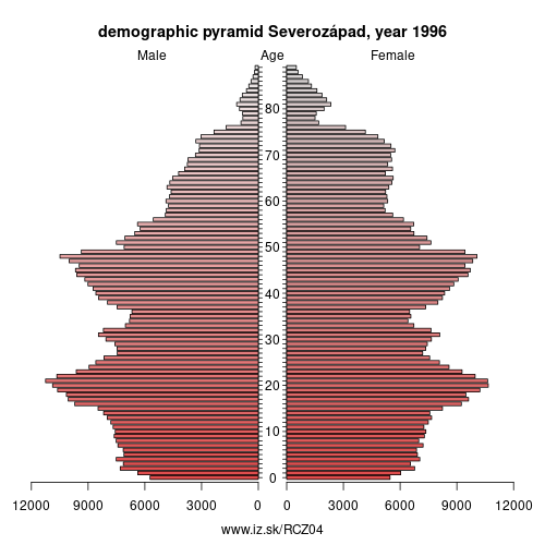 demographic pyramid CZ04 1996 Severozápad, population pyramid of Severozápad