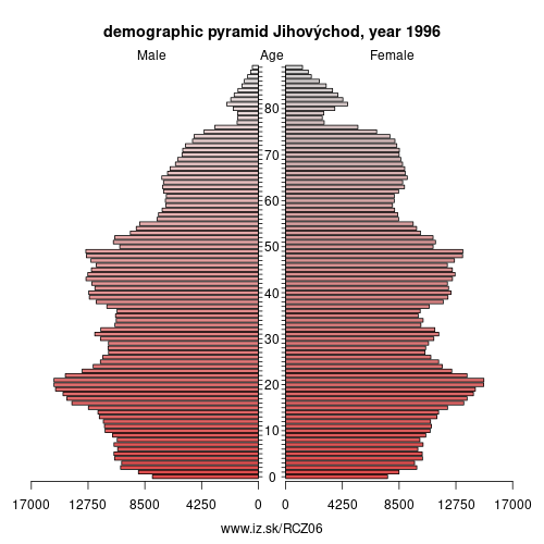 demographic pyramid CZ06 1996 Jihovýchod, population pyramid of Jihovýchod