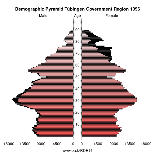 demographic pyramid DE14 1996 Tübingen Government Region, population pyramid of Tübingen Government Region