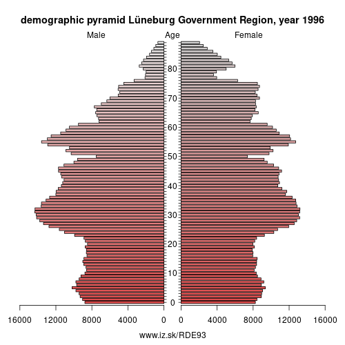 demographic pyramid DE93 1996 Lüneburg Government Region, population pyramid of Lüneburg Government Region