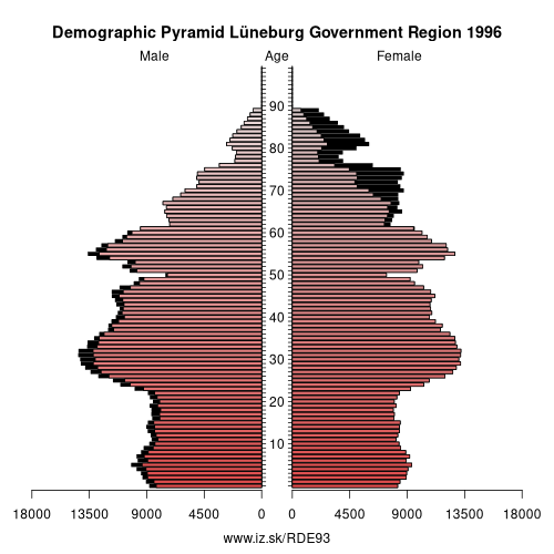 demographic pyramid DE93 1996 Lüneburg Government Region, population pyramid of Lüneburg Government Region