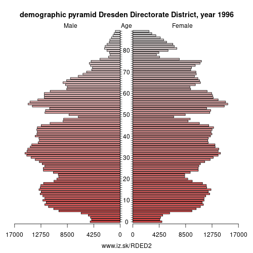 demographic pyramid DED2 1996 Dresden Directorate District, population pyramid of Dresden Directorate District