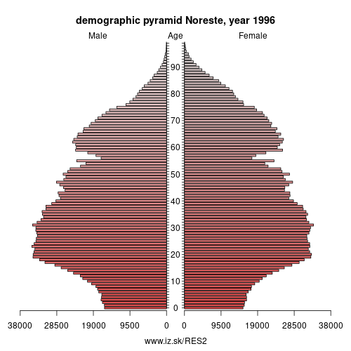 demographic pyramid ES2 1996 Noreste, population pyramid of Noreste