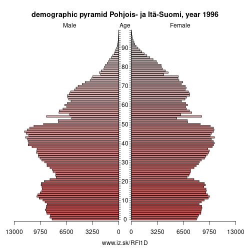 demographic pyramid FI1D 1996 Pohjois- ja Itä-Suomi, population pyramid of Pohjois- ja Itä-Suomi