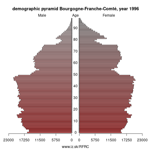 demographic pyramid FRC 1996 Bourgogne-Franche-Comté, population pyramid of Bourgogne-Franche-Comté