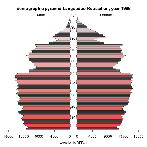 demographic pyramid FRJ1 1996 Languedoc-Roussillon, population pyramid of Languedoc-Roussillon