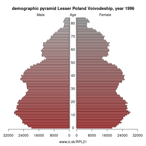 demographic pyramid PL21 1996 Lesser Poland Voivodeship, population pyramid of Lesser Poland Voivodeship