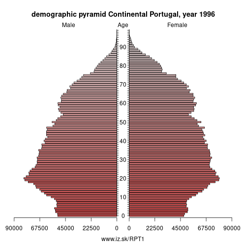 demographic pyramid PT1 1996 Continental Portugal, population pyramid of Continental Portugal