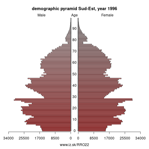 demographic pyramid RO22 1996 Sud-Est, population pyramid of Sud-Est