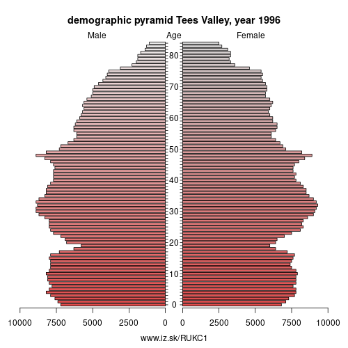 demographic pyramid UKC1 1996 Tees Valley, population pyramid of Tees Valley