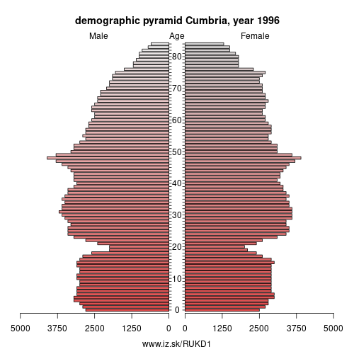 demographic pyramid UKD1 1996 Cumbria, population pyramid of Cumbria
