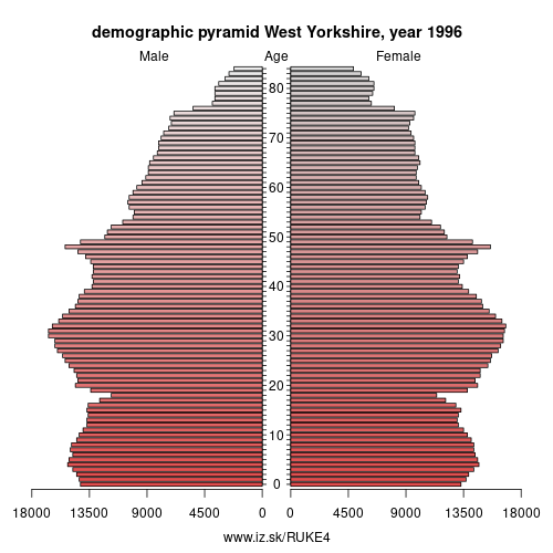 demographic pyramid UKE4 1996 West Yorkshire, population pyramid of West Yorkshire
