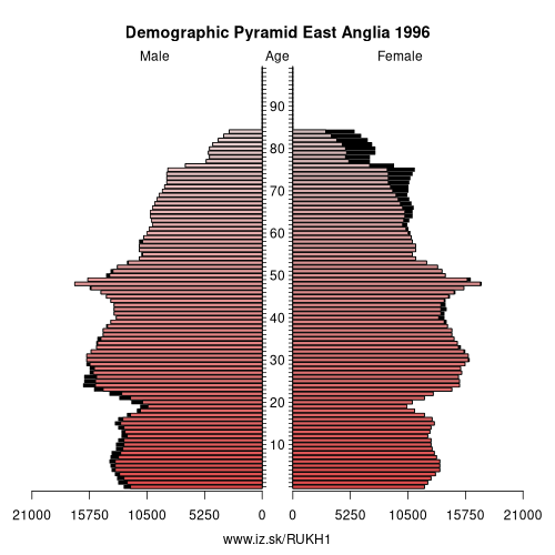 demographic pyramid UKH1 1996 East Anglia, population pyramid of East Anglia