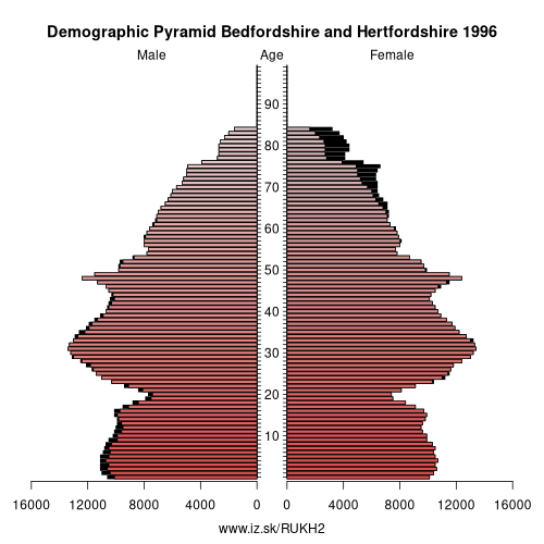 demographic pyramid UKH2 1996 Bedfordshire and Hertfordshire, population pyramid of Bedfordshire and Hertfordshire