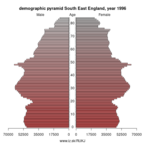 demographic pyramid UKJ 1996 South East England, population pyramid of South East England