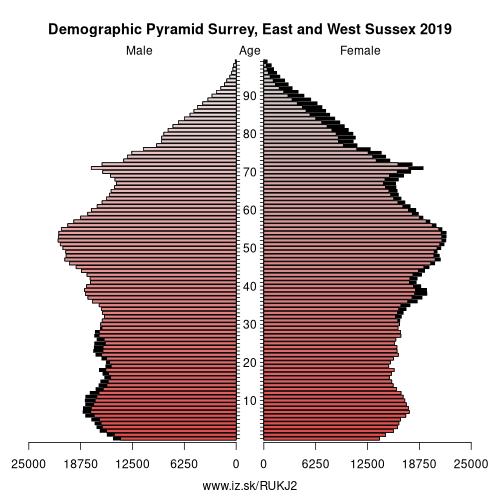 demographic pyramid UKJ2 Surrey, East and West Sussex