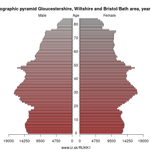 demographic pyramid UKK1 1996 Gloucestershire, Wiltshire and Bristol/Bath area, population pyramid of Gloucestershire, Wiltshire and Bristol/Bath area
