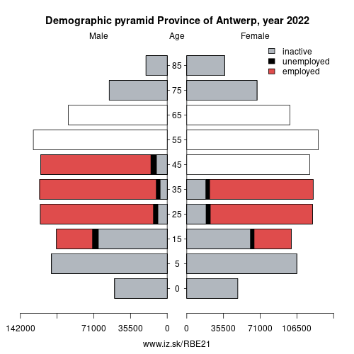 demographic pyramid BE21 Province of Antwerp based on economic activity – employed, unemploye, inactive