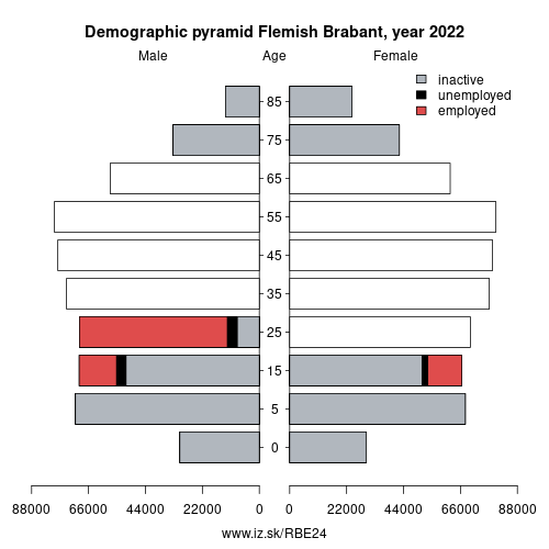 demographic pyramid BE24 Flemish Brabant based on economic activity – employed, unemploye, inactive